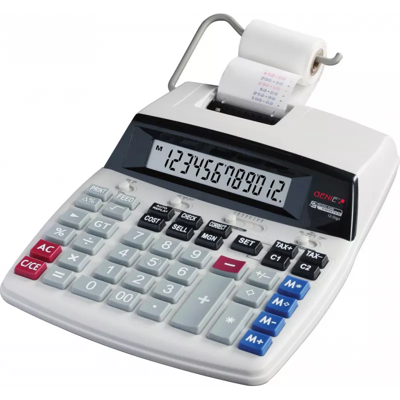 GENIE D69 PLUS lauakalkulaator tindirulliga, 12-kohaline LCD, 2-värviline printimine, AC/patarei