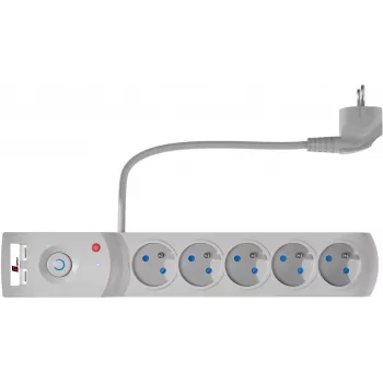 GETFORT 5-pistikupesaga liigpingekaitsega pikendusjuhe 2 USB laadimisportiga, 1,5 m kaabel, hall