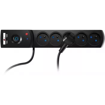 GETFORT 5P-3M-B-USB liigpingekaitsega pikendusjuhe, 5 vahelduvvoolu pistikupesa, 2 USB-A porti, 3 m kaabel, must