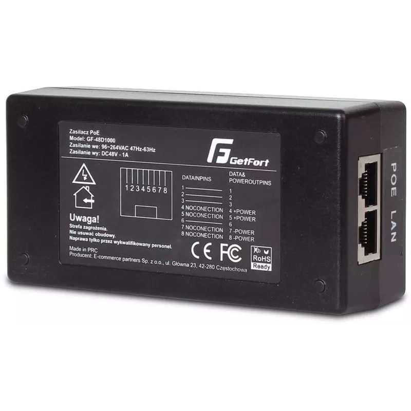 GETFORT GF-48D1000 48W passiivne PoE-süstija adapter, 100-240V AC kuni 48V DC, 10/100 Mbps, 2x RJ45, IEEE 802.3af/at ühilduv