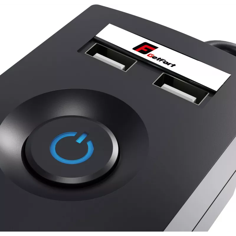 GETFORT liigpingekaitsega pikendusjuhe 5P-1.5M-B-USB, 5 pistikupesa, 2 USB, 1.5m, must