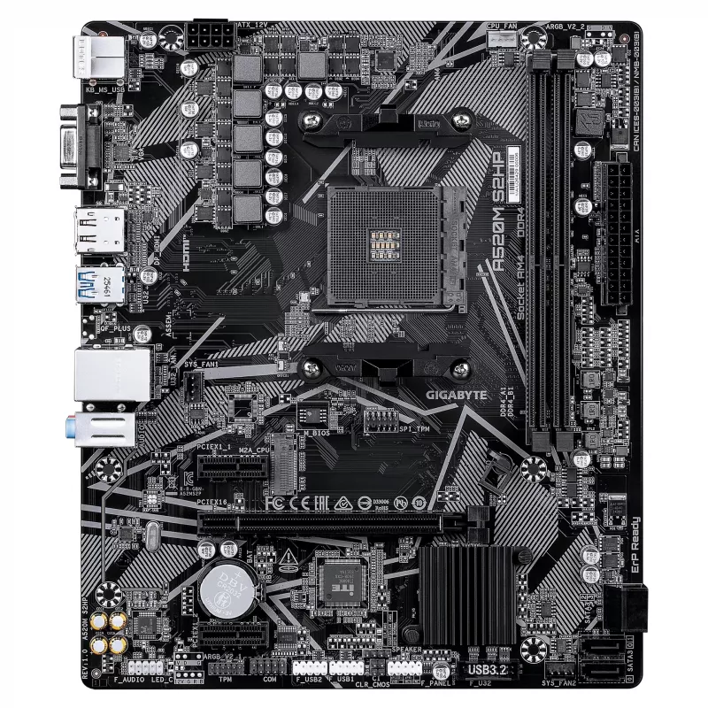 GIGABYTE A520M S2HP AM4 Micro-ATX emaplaat, DDR4, HDMI, D-Sub, DisplayPort, M.2, Gigabit LAN