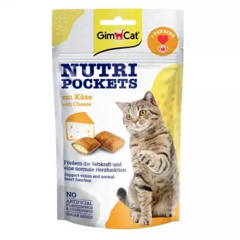 GimCat Nutri Pockets juustuga 60g – krõbedad kassimaiused kreemja juustutäidisega, rikastatud vitamiinide ja tauriiniga