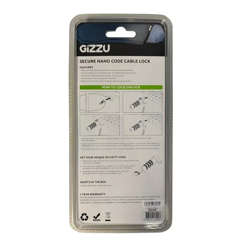 GIZZU 1,8 m Nano kombinatsioonlukk turvakaabel - 4-kohaline ümberseadistatav, punutud teras, Kensington Nano pesaga seadmetele (must/hõbe)