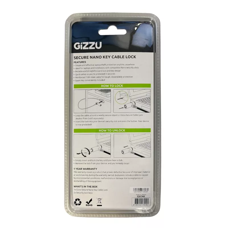 GIZZU 1,8 m Nano võtmega turvakaabel - must