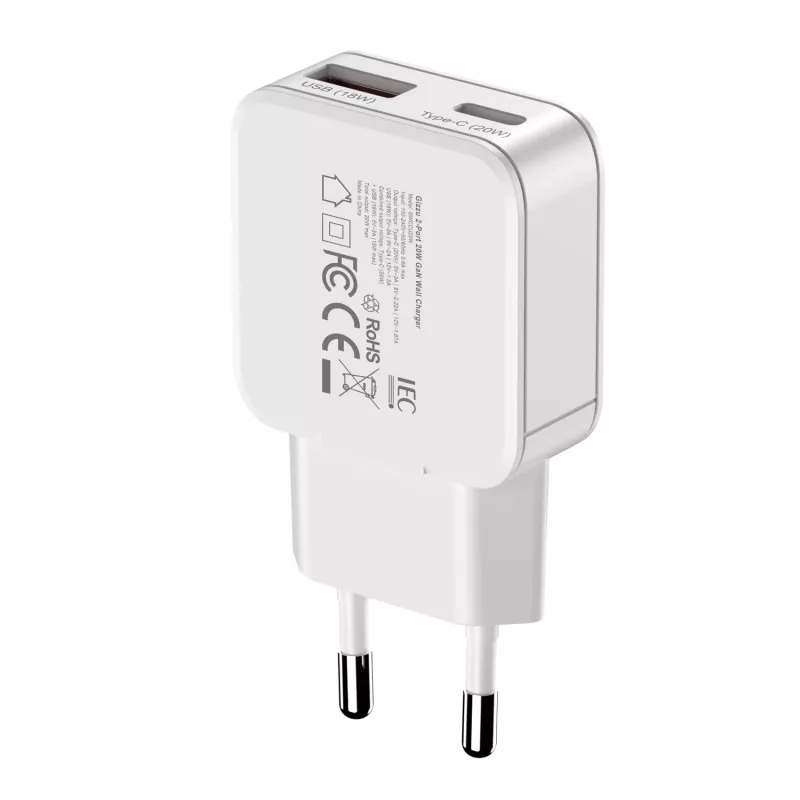 Gizzu 2-pordiline 20W GaN seinalaadija USB-C PD 3.0 + USB-A QC 3.0 kiirlaadimisadapter - Valge