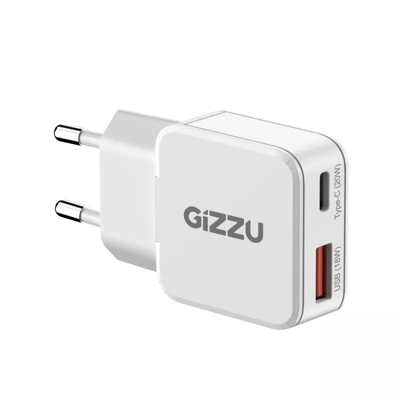 Gizzu 2-pordiline 20W GaN seinalaadija USB-C PD 3.0 + USB-A QC 3.0 kiirlaadimisadapter - Valge