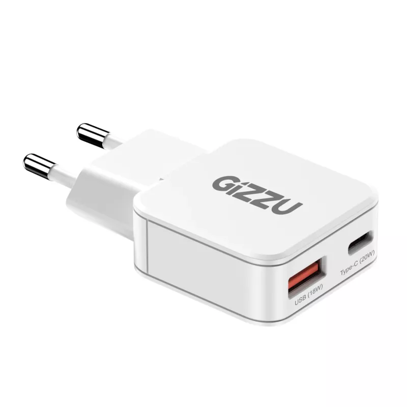 Gizzu 2-pordiline 20W GaN seinalaadija USB-C PD 3.0 + USB-A QC 3.0 kiirlaadimisadapter - Valge