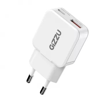 Gizzu 2-pordiline 20W GaN seinalaadija USB-C PD 3.0 + USB-A QC 3.0 kiirlaadimisadapter - Valge