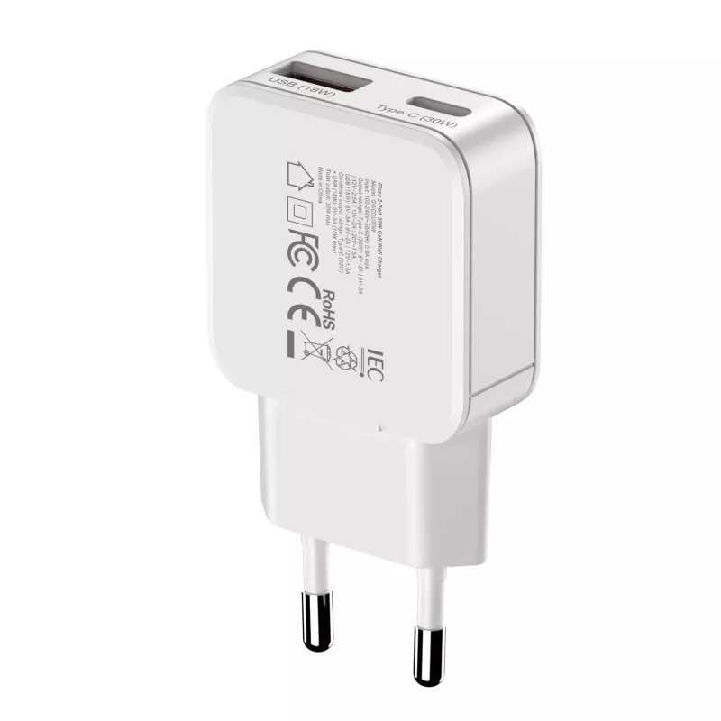 Gizzu 2-pordiline 30W GaN seinahoidja USB-C PD + USB-A QC valge