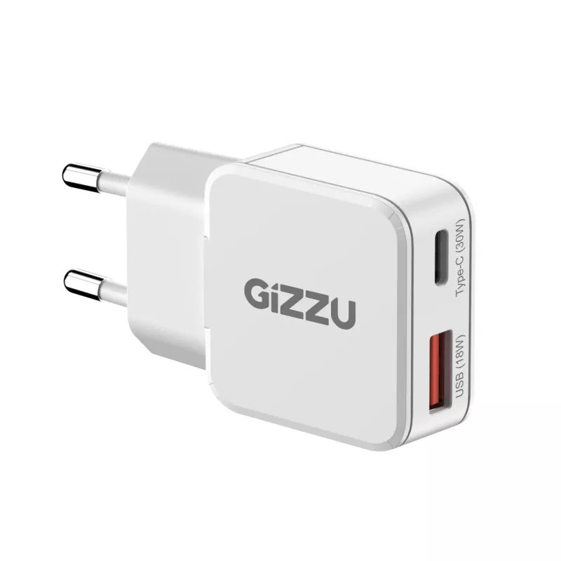 Gizzu 2-pordiline 30W GaN seinahoidja USB-C PD + USB-A QC valge