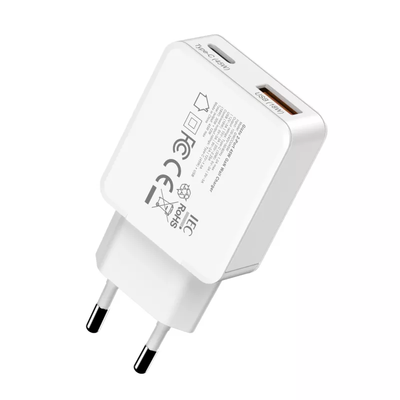 Gizzu 2-pordiline 45W GaN seinilaadija USB-C PD & USB-A QC valge