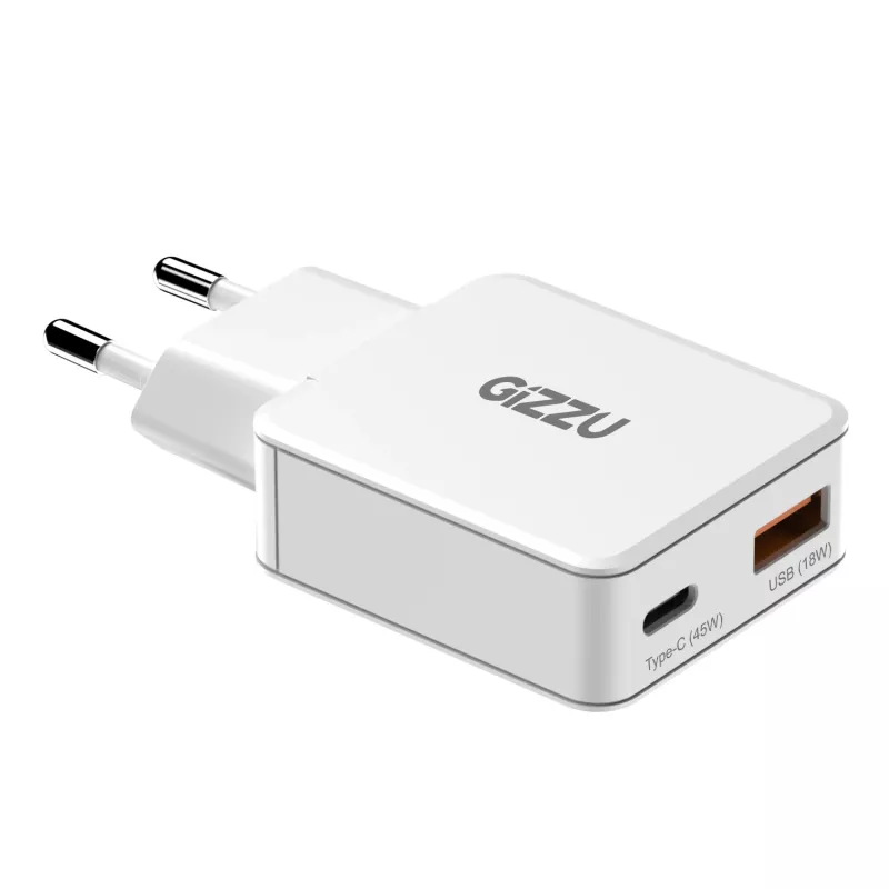 Gizzu 2-pordiline 45W GaN seinilaadija USB-C PD & USB-A QC valge
