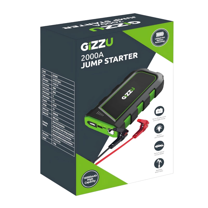 GIZZU 2000A käivitusabiseade 16000mAh - must