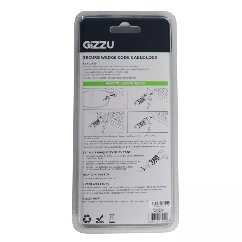 Gizzu Secure Wedge Code Kaablilukk 1.8m