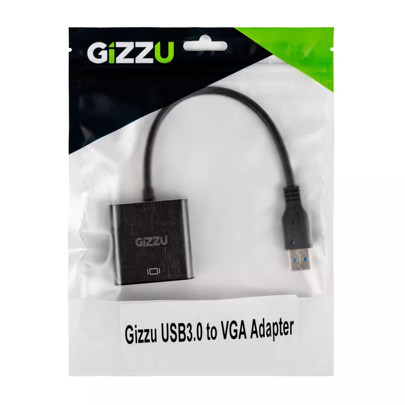 Gizzu USB 3.0 VGA adapter – Full HD 1080p väline videomuundur, USB-A isane VGA emasele, siiniga toide, must