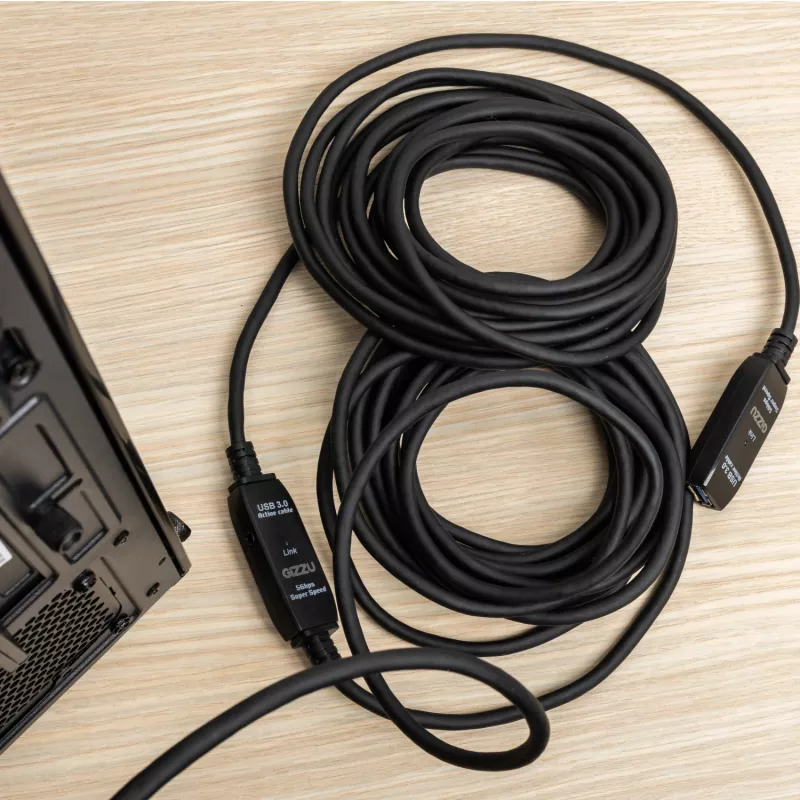 Gizzu USB3.0 aktiivne pikenduskaabel 10m – 5Gbps SuperSpeed repiiterkaabel signaalivõimendiga, USB-A isane emasele, siin-toitega valikulise DC-pordiga, must