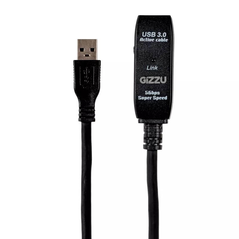 Gizzu USB3.0 aktiivne pikenduskaabel 10m – 5Gbps SuperSpeed repiiterkaabel signaalivõimendiga, USB-A isane emasele, siin-toitega valikulise DC-pordiga, must