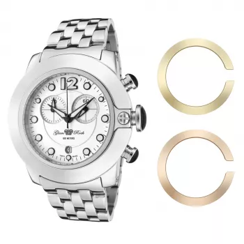GLAM ROCK Naiste Miami Beach Kronograafkell GR32154 - 44mm roostevabast terasest korpus, valge silikoonrihm, Šveitsi kvartsliikumine