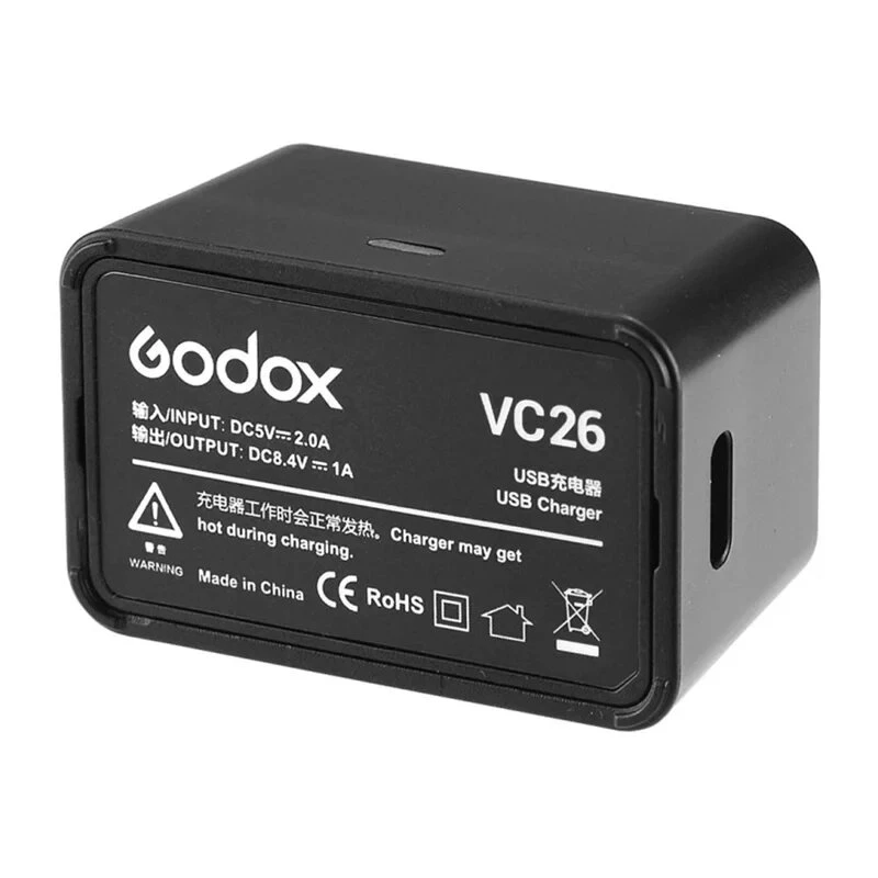 Godox VC26 USB-C laadija V1 ja V860III välkakudele – 5V/2A sisend, 8.4V/1A väljund, LED-indikaator, sisaldab USB-A–USB-C kaablit