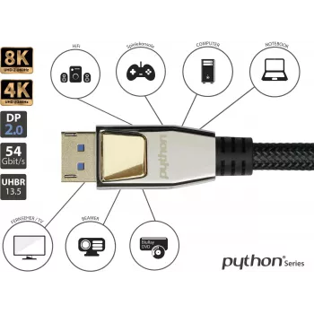 GoodConnections PREMIUM DisplayPort 2.0 kaabel, 54 Gbit/s, UHBR 13.5, 4K @240Hz / 8K @60Hz, täismetallpistikud, vask (DP20-PY020)