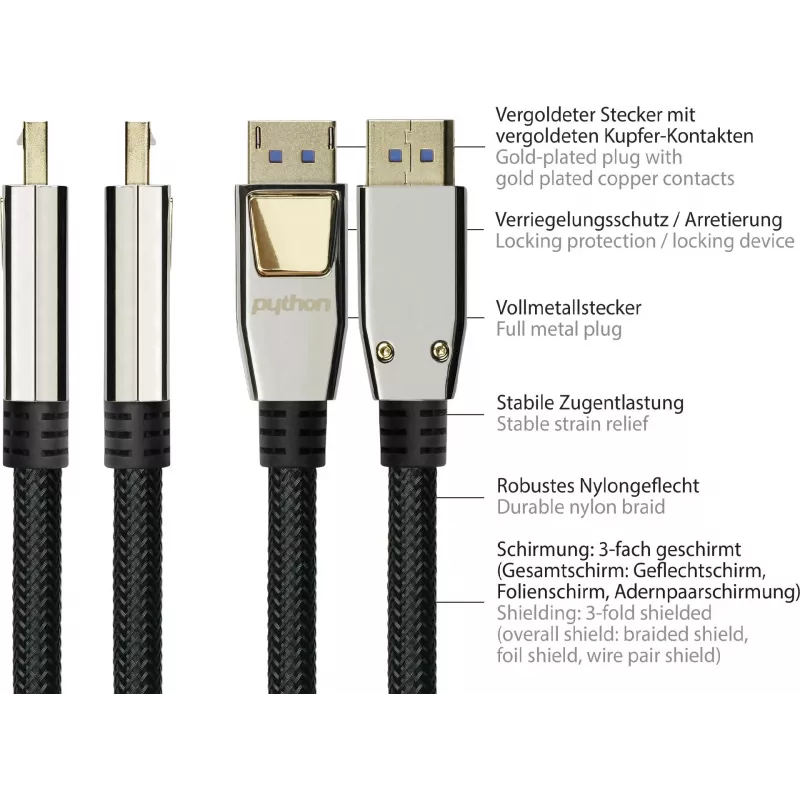 GoodConnections PREMIUM DisplayPort 2.0 kaabel, 54 Gbit/s, UHBR 13.5, 4K @240Hz / 8K @60Hz, täismetallpistikud, vask (DP20-PY020)