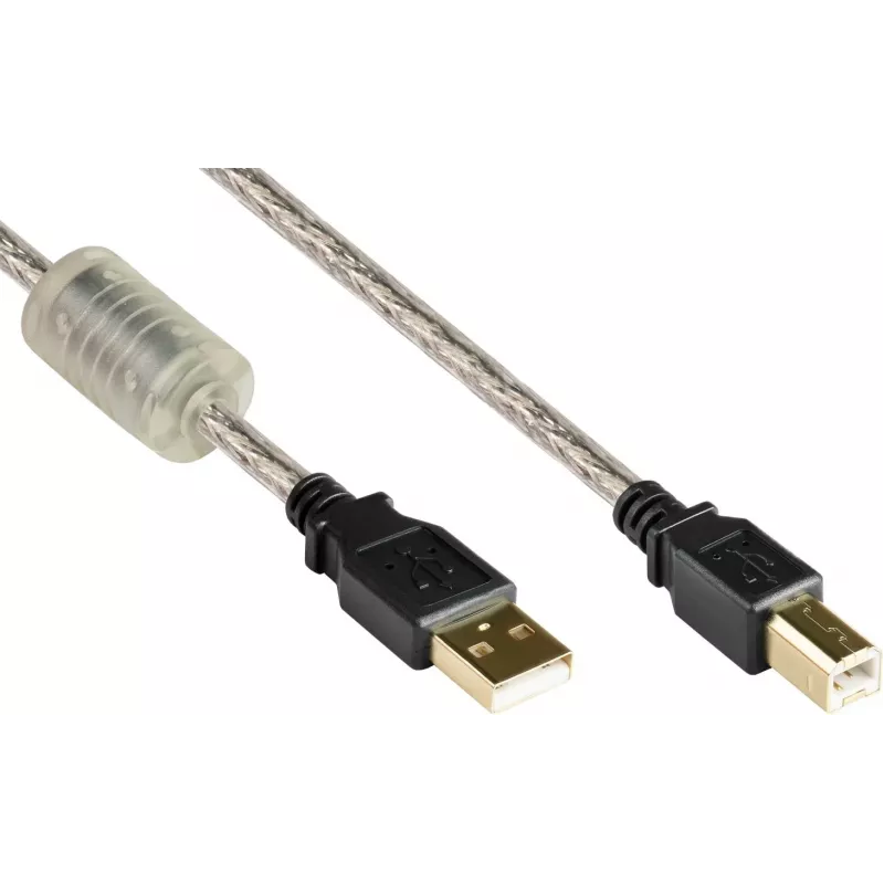 Good Connections USB 2.0 kvaliteetne kaabel ferriitsüdamiku ja kullatud kontaktidega, läbipaistev, 5m