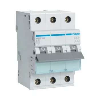 Hager MBN316 3-pooluseline 16A B-kõverusega 6kA miniatuurne kaitselüliti, 3 mooduli laius