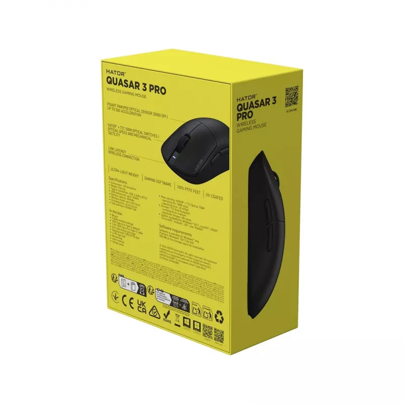 Hator Quasar 3 Pro juhtmevaba mänguhiir - 26000 DPI optiline andur, 2.4GHz, USB-C, RGB, must