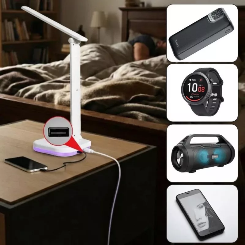 Hawk HWDL001WH LED Lauvalamp Valge, 7W Puutetundlik Dimmer, 3 Värvitemperatuuri, USB Laadimisport