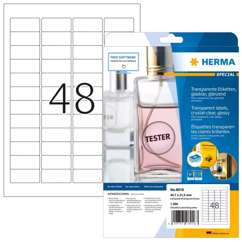 HERMA 8016 kristallselged läikivad polüesterkleebised A4 45,7 x 21,2 mm 1200 kleebist