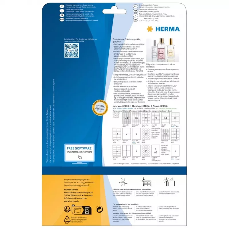 HERMA 8016 kristallselged läikivad polüesterkleebised A4 45,7 x 21,2 mm 1200 kleebist