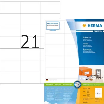 HERMA Premium 4634 püsivad isekleepuvad mati lamineeritud paberist sildid, valged, 70 x 41 mm, 4200 silti (200 lehte x 21)