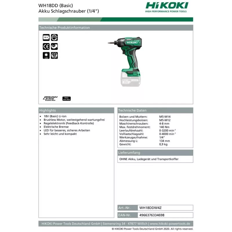 HIKOKI WH18DD 18V akulöökmutterkeeraja, 0-3200 p/min, 0-400 IPM