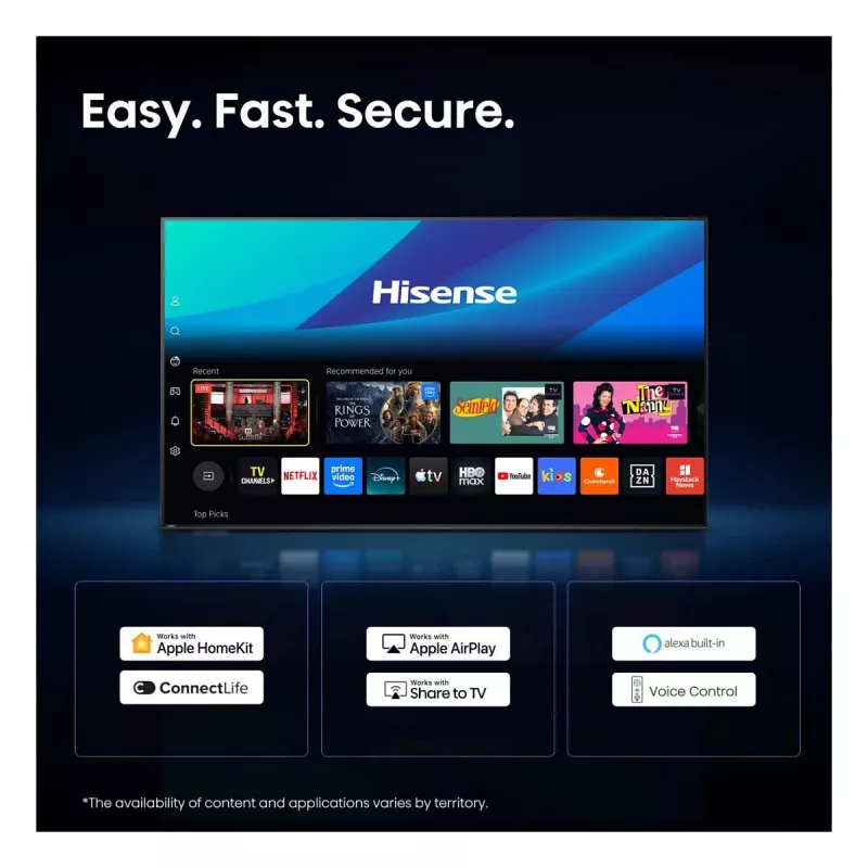 HISENSE 75 tolli 4K Ultra HD Smart TV (DLED, VIDAA U5.0, HDR10, Dolby Vision, 60Hz, 8ms, 3 HDMI, 2 USB, LAN, Wi-Fi, Bluetooth, VESA 400x400, 25.5kg)
