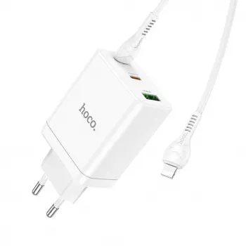 HOCO 35W Dual USB-C + USB-A PD & QC3.0 seinadapter USB-C–Lightning kaabliga, valge
