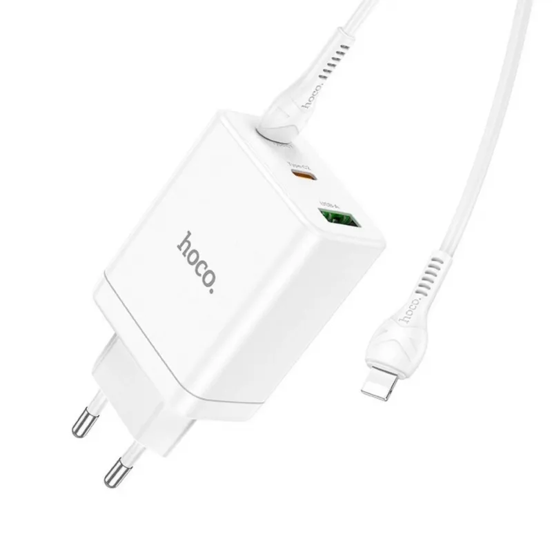HOCO 35W Dual USB-C + USB-A PD & QC3.0 seinadapter USB-C–Lightning kaabliga, valge