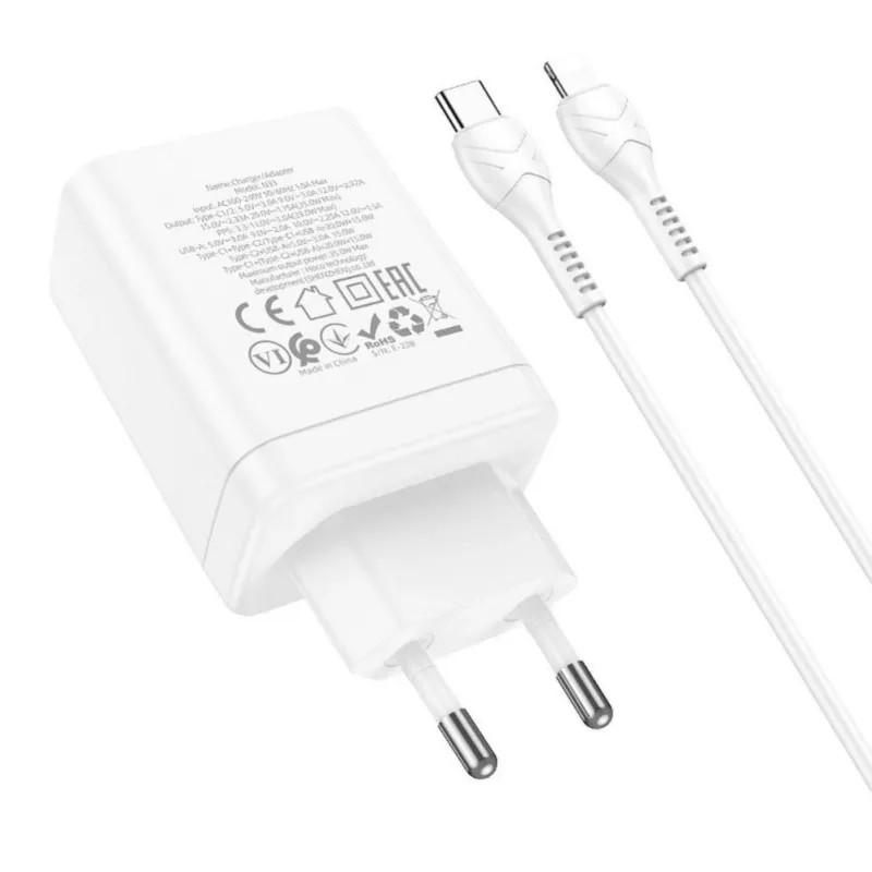 HOCO 35W Dual USB-C + USB-A PD & QC3.0 seinadapter USB-C–Lightning kaabliga, valge