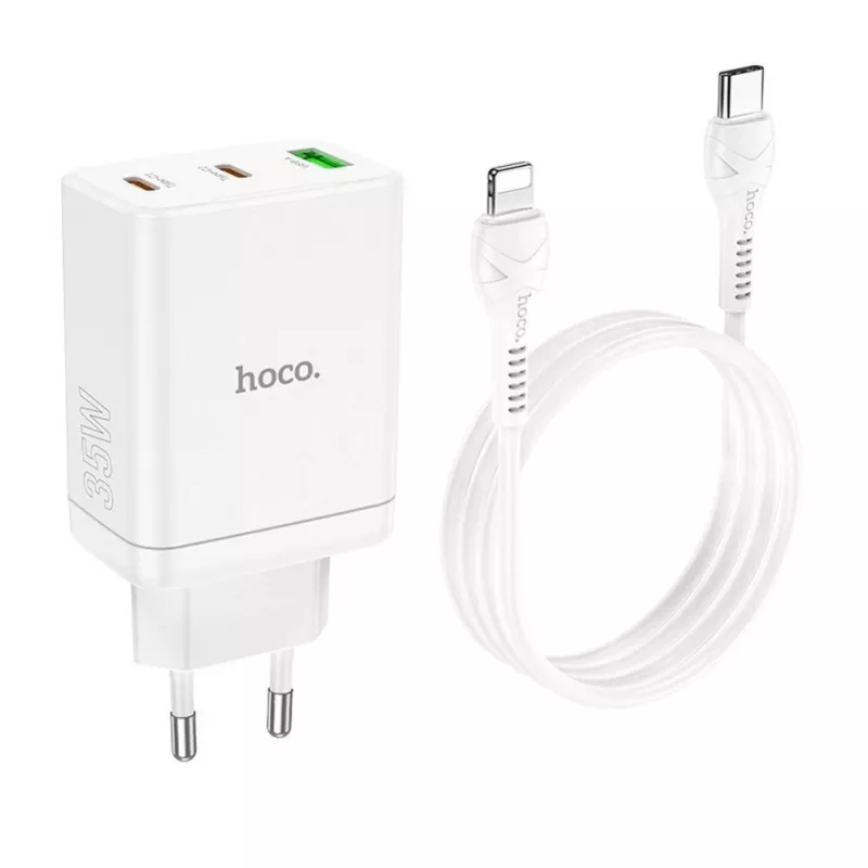 HOCO 35W Dual USB-C + USB-A PD & QC3.0 seinadapter USB-C–Lightning kaabliga, valge
