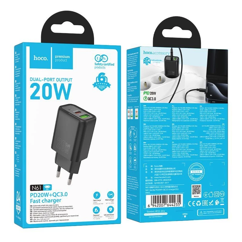 Hoco N61 Gentle PD20W+QC3.0 laadija (EL) Must