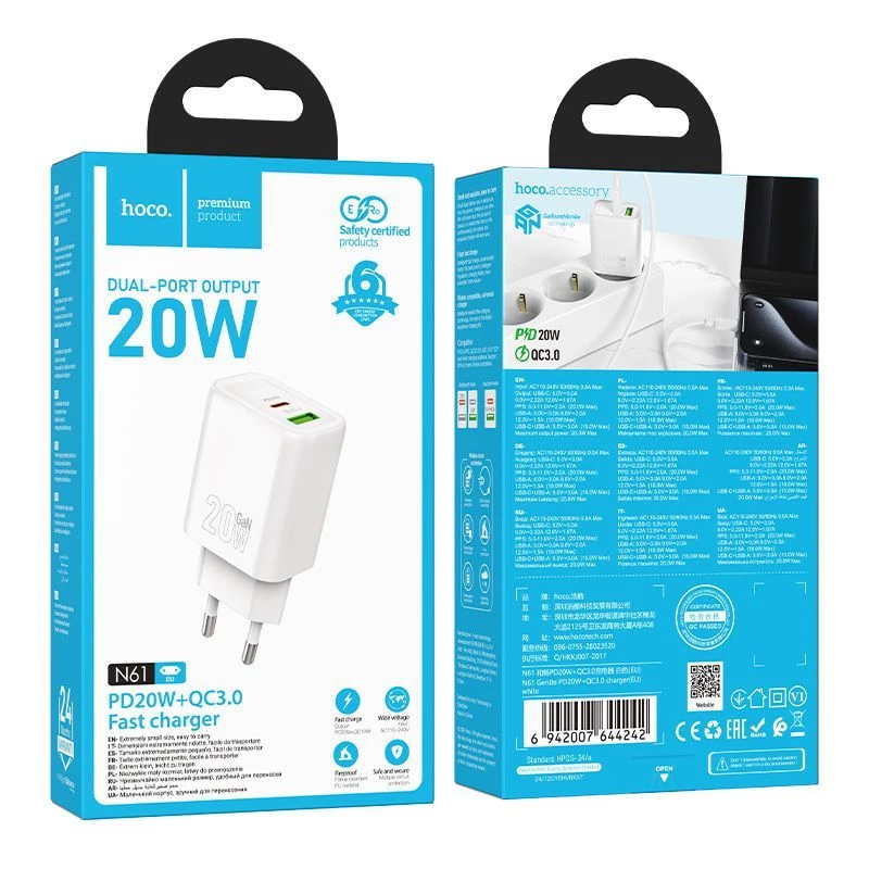 Hoco N61 Gentle PD20W+QC3.0 laadija (EU) Valge