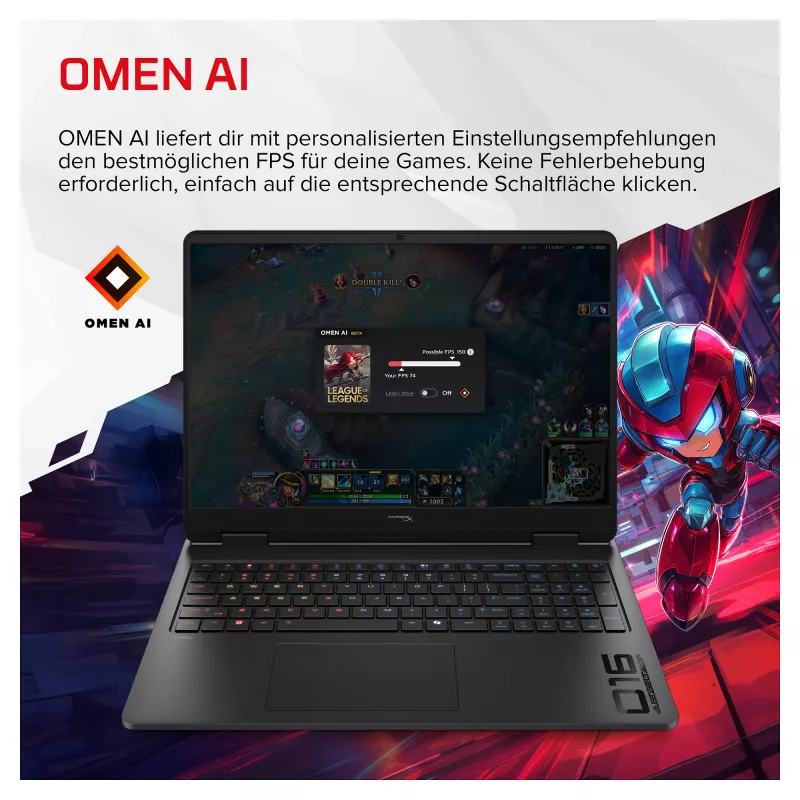 HP HyperX OMEN 16-am2171ng mängusülearvuti, 16,1 tolli QHD 165Hz, Intel Core i7-14650HX, 16GB RAM, 512GB SSD, NVIDIA GeForce RTX 5070, Windows 11 Home, saksa klaviatuur