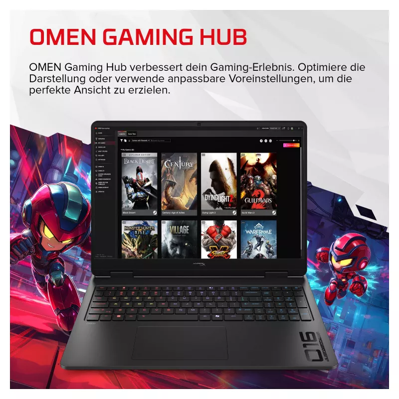 HP HyperX OMEN 16-ap1490ng Gaming Laptop, 16.1 inch QHD 165Hz, AMD Ryzen 9 8940HX, 24GB RAM, 512GB SSD, RTX 5070, FreeDOS, Saksa klaviatuur