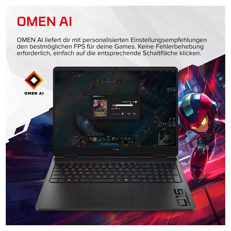 HP HyperX OMEN 16-ap1492ng mängusülearvuti, 16,1 tolli QHD 165Hz, AMD Ryzen 9 8940HX, 24GB DDR5, 512GB SSD, RTX 5070 8GB, Windows 11 Home, Saksa klaviatuur