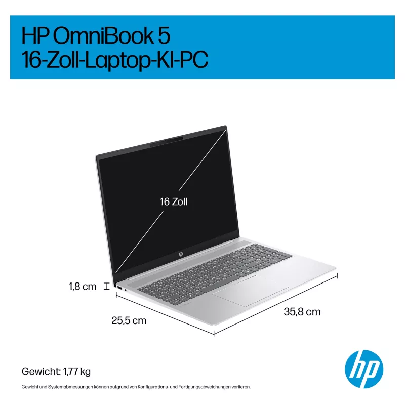HP OmniBook 5 AI 16-af1450ngx sülearvuti, 16-tolline, Intel Core Ultra 5 225U, 16GB RAM, 512GB SSD, Windows 11 Home