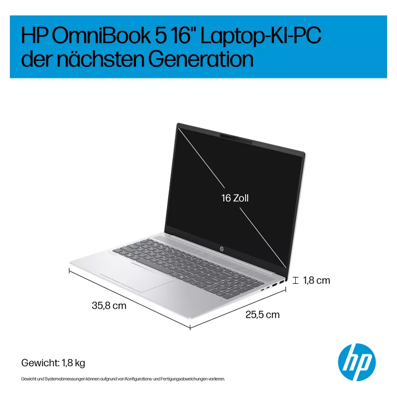 HP OmniBook 5 16-ag1451ngx AMD Ryzen AI 5 330 16GB 512GB SSD W11 Home 16-tolline WUXGA sülearvuti (Natural Silver, saksa QWERTZ)