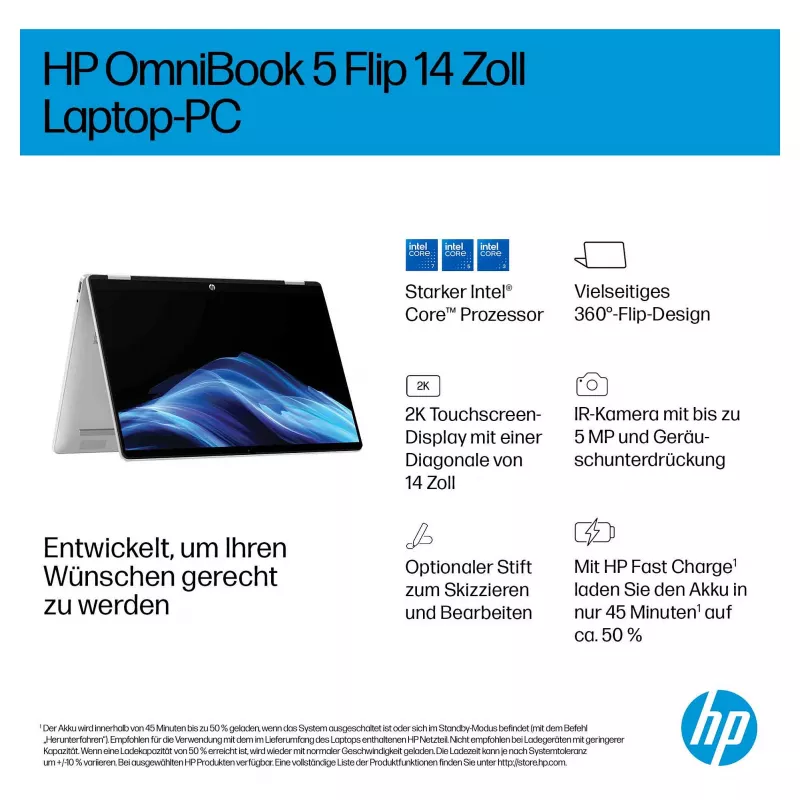 HP OmniBook 5 Flip 14-fp0051ngx 2-in-1 sülearvuti, 14-tolline WUXGA puuteekraan, Intel Core 5 120U, 16GB muutmälu, 512GB SSD, Windows 11 Home, saksa klaviatuur