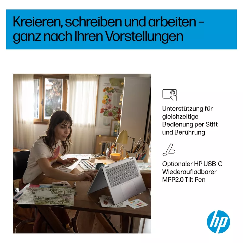 HP OmniBook 5 Flip 14-fp0450ngx 2-in-1 sülearvuti, Intel Core 5 120U, 16GB RAM, 512GB SSD, 14-tolline puute-FHD, Windows 11 Home, saksa klaviatuur