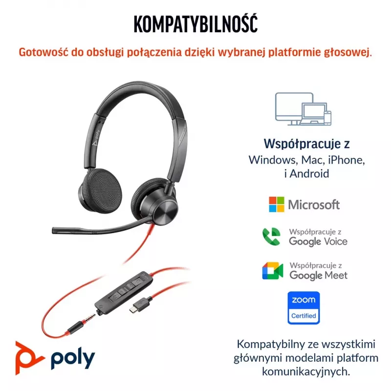 HP Poly Blackwire 3325 Stereo Microsoft Teams sertifitseeritud USB-C kõrvaklapid + 3,5 mm pistik + USB-C/A adapter