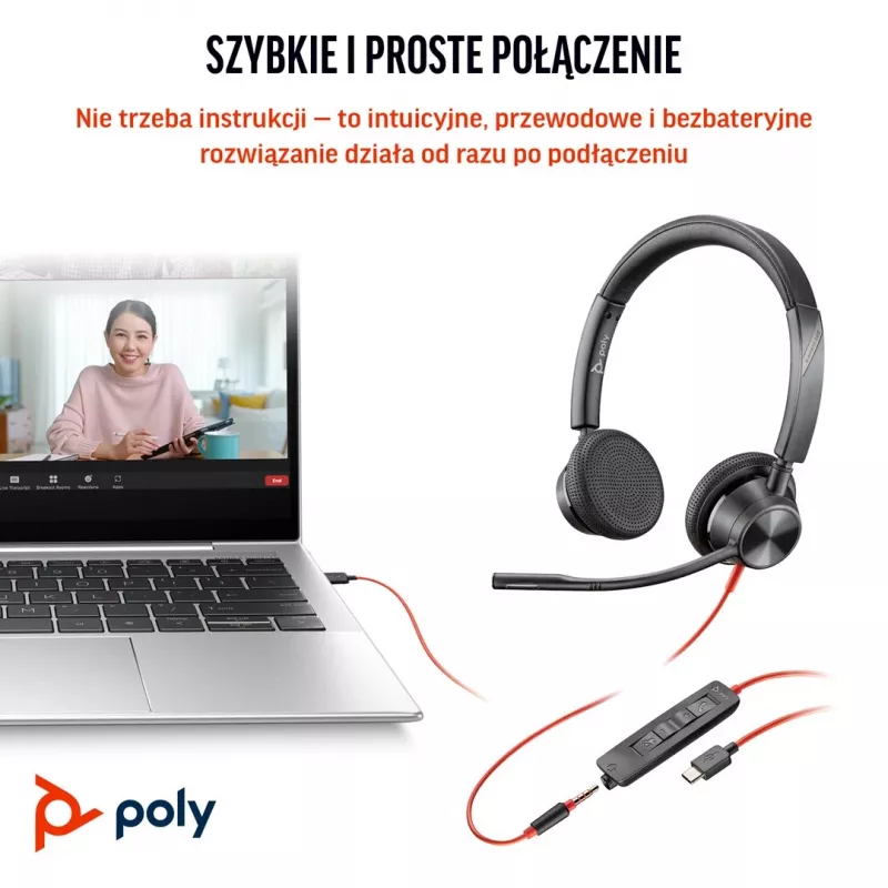 HP Poly Blackwire 3325 Stereo Microsoft Teams sertifitseeritud USB-C kõrvaklapid + 3,5 mm pistik + USB-C/A adapter
